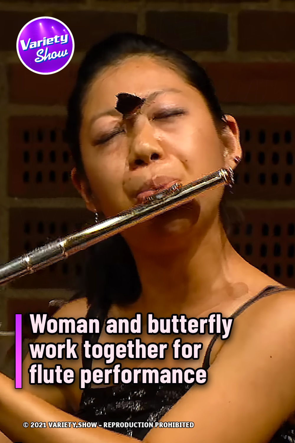 Woman and butterfly work together for flute performance